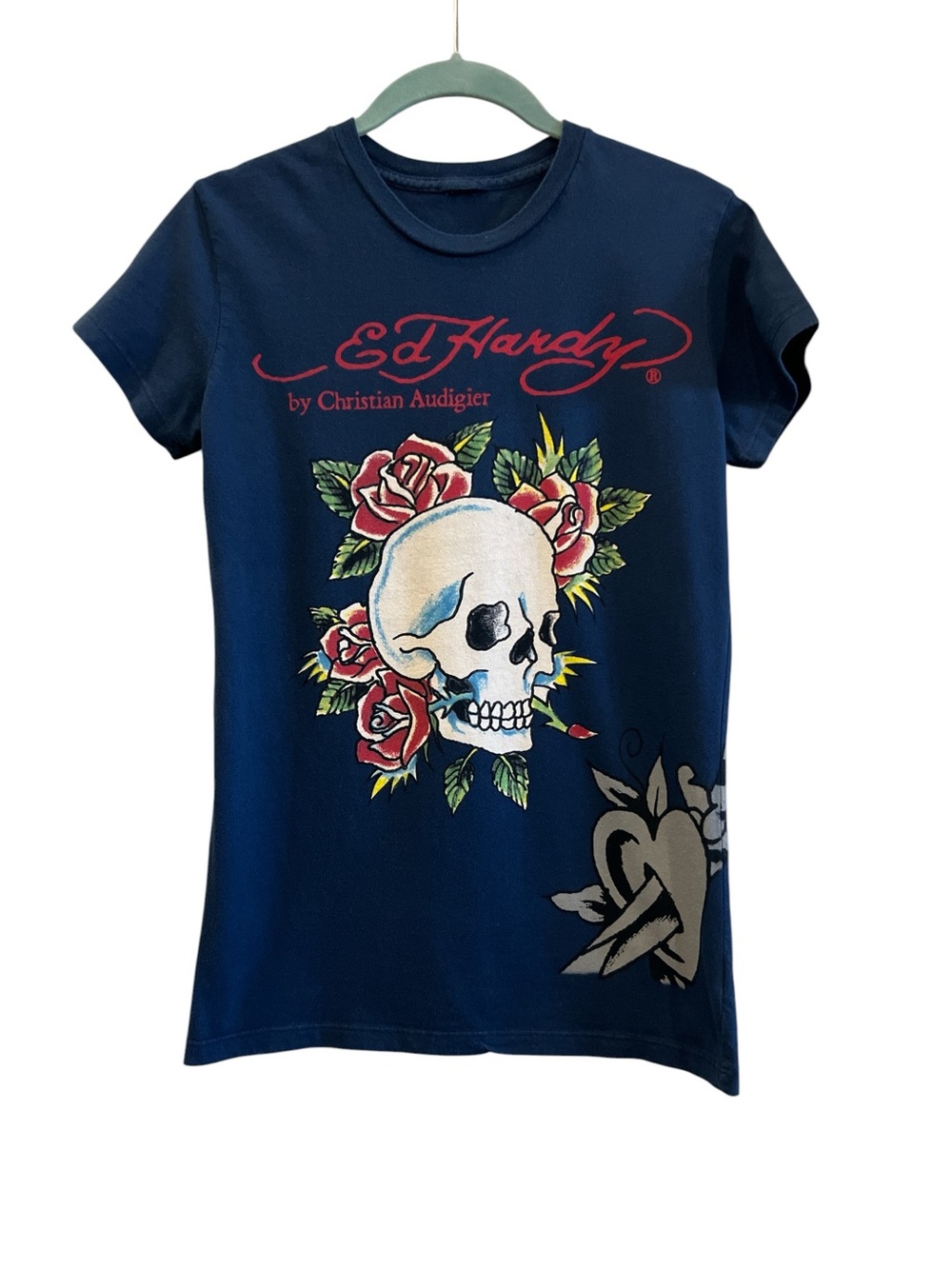 Y2K Ed Hardy Christian Audigier Navy Baby Tee with Skull & Roses Graphic Small